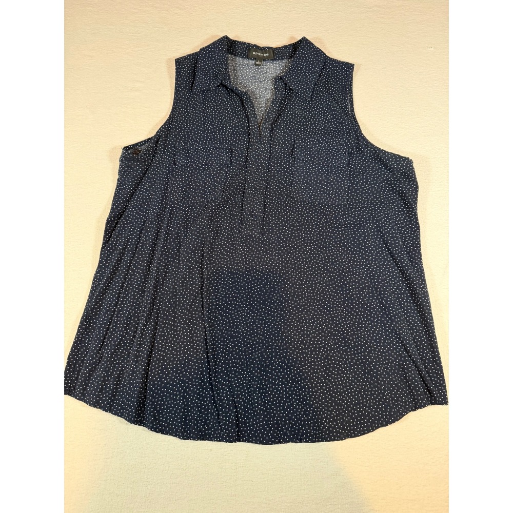 Spense Womens Navy Blue Polka Dot Sleeveless Blouse Large Pocketed Top